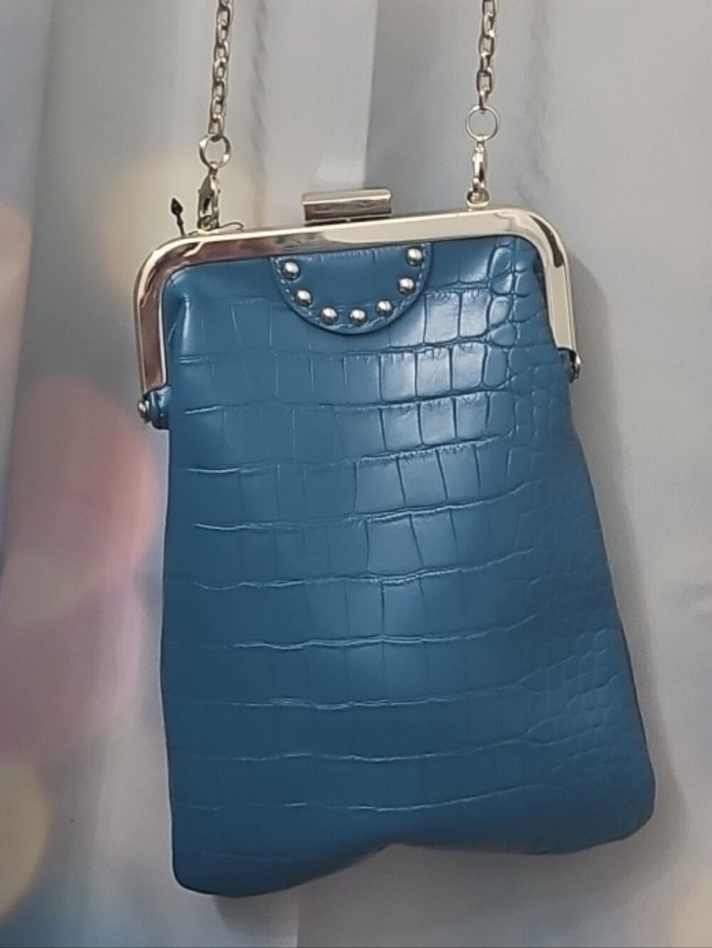 White House Black Market Teal Croc-Embossed Chain Wristlet